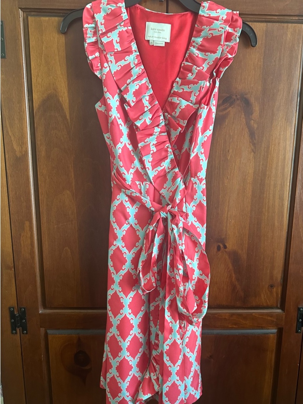 Kate Spade Coral and Mint Blue Ruffle Wrap Midi Dress